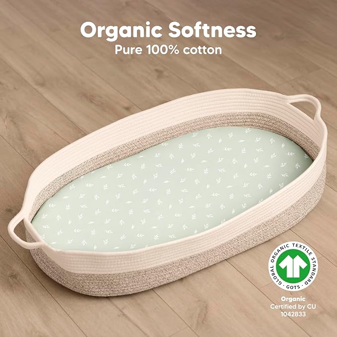 2-Pack Organic Bassinet Sheets for Girls, Boys - 100% Cotton Bassinet Mattress Sheets Compatible with Halo Bassinest Swivel Sleeper, Graco, Baby Delight, Chicco, Unisex Fitted Bassinet Sheets (Herb)