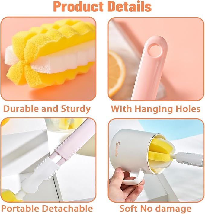 INVODA 4PCS Bottle Brush Long Handle Cup Cleaner Brush Sponge Bottle Scrubber Replaceable Brush Head Portable Bottle Cleaning Brush for Baby Bottle Dishwashing Kitchen Clean Mugs (4PCS+ 4 Brush heads)