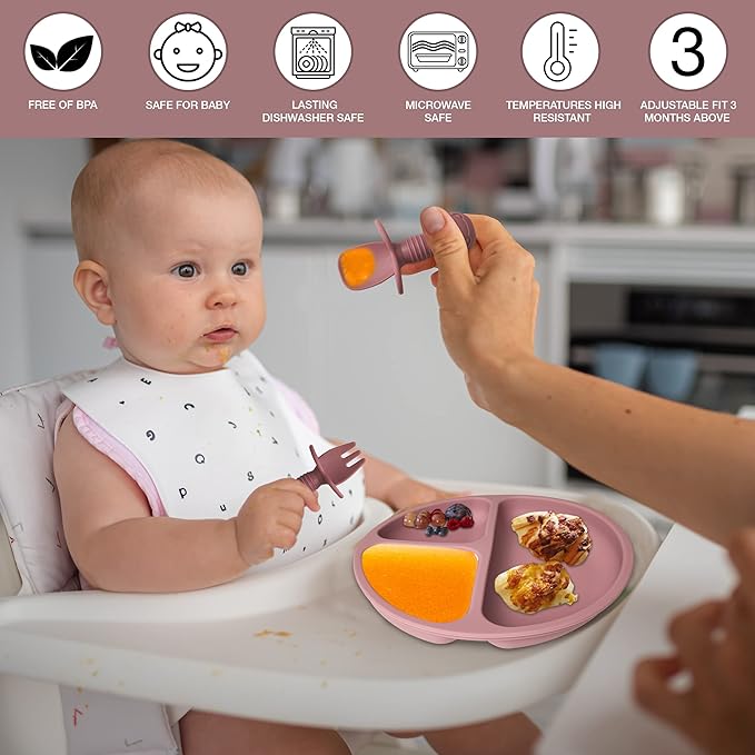 Mutualproducts 10 Pcs Baby Utensils – Silicone Baby Spoons and Forks for Self Feeding – Suction Plate - Anti-Choke Baby Feeding Supplies – Baby Led Weaning Set with 2 Bibs – Great Gift Set (Pink)
