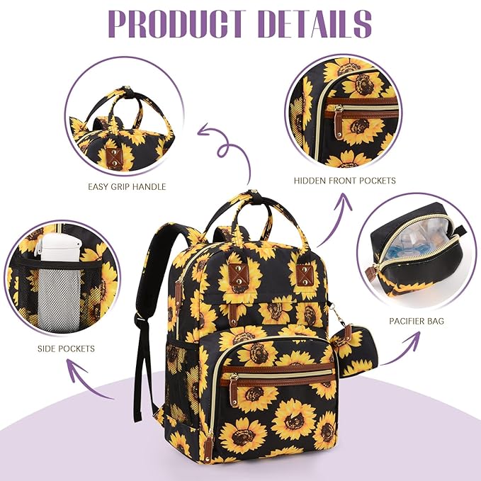 Tuwubi Diaper Bag Backpack, Baby Essentials Travel Tote Bag, Multi function Waterproof Backpacks, Travel Essentials with Stroller Straps & Pacifier Case - Sunflower