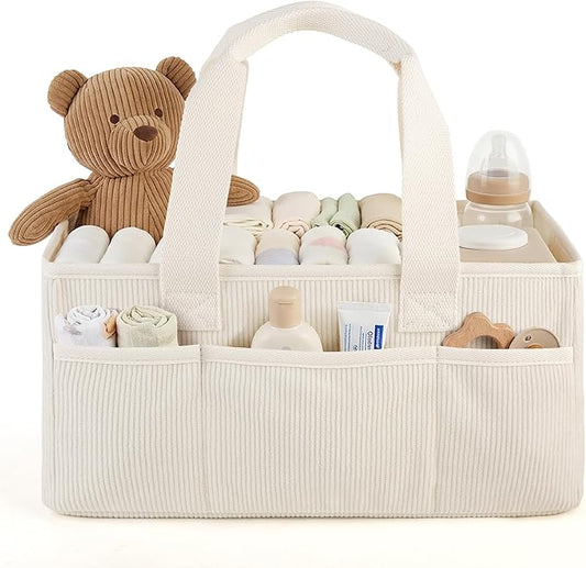 Baby Diaper Caddy Organizer with Portable Changing Mat-Portable Baby Organizers and Storage, Gift for Baby Shower, Corduroy Baby Essentials Organizer with Removable Dividers (Corduroy)