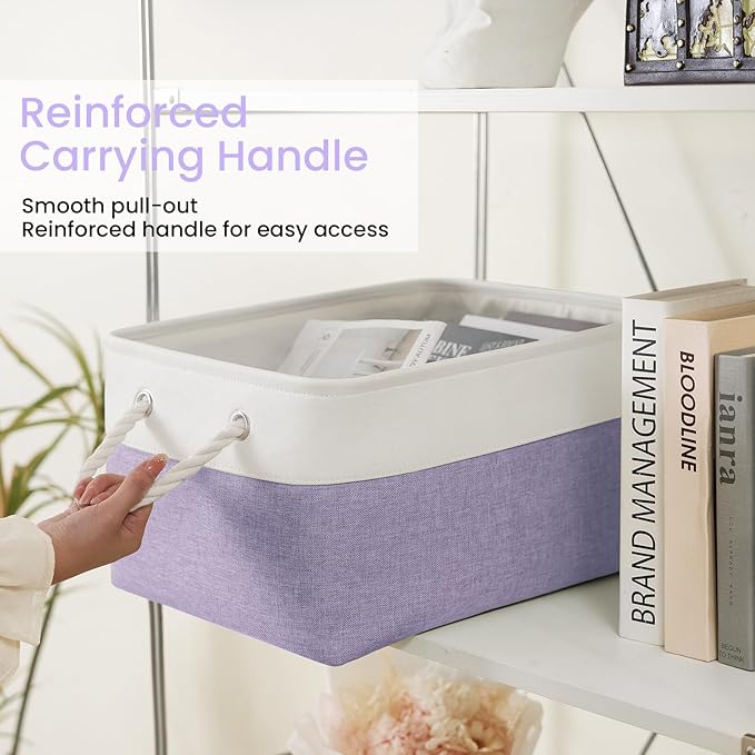 Large Storage Baskets- 15.7x11.8x8.26 inch Storage Bins for Shelves and Closet Organizing, Foldable Fabric Bin for Home Organization Clothes and Laundry (3-Pack, White&Purple)