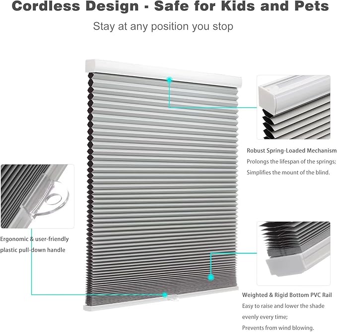 MYshade Cordless Blackout Cellular Shades for Windows, Honeycomb Window Shades with Thermal Insulation, Child & Pet Safe Room Darkening Shade, Easy Install, 28" W x 36" H, Grey