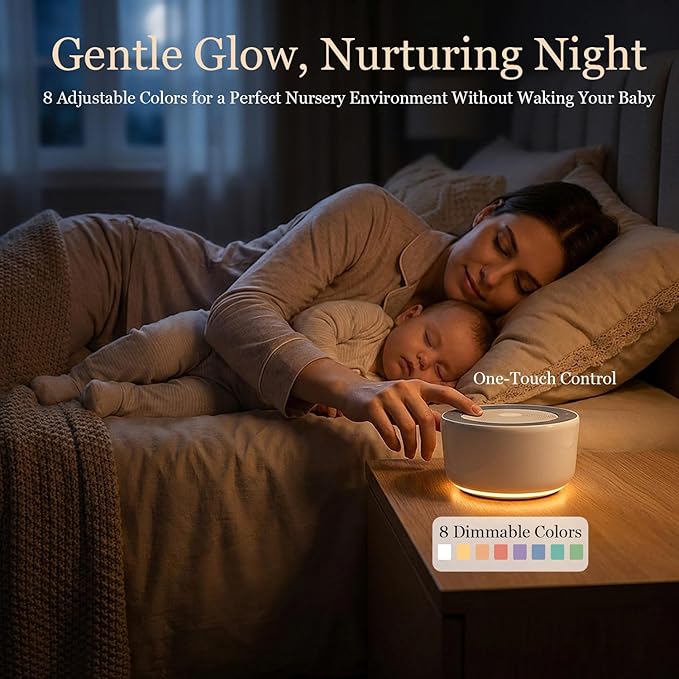 Kipcush White Noise Machine with Night Light – Nursery Sound Machine with Soft Non-Glare Lamp, 30 Soothing Sounds, 8 Color Lights, Up to 8-Hour Timer for Baby & Adults