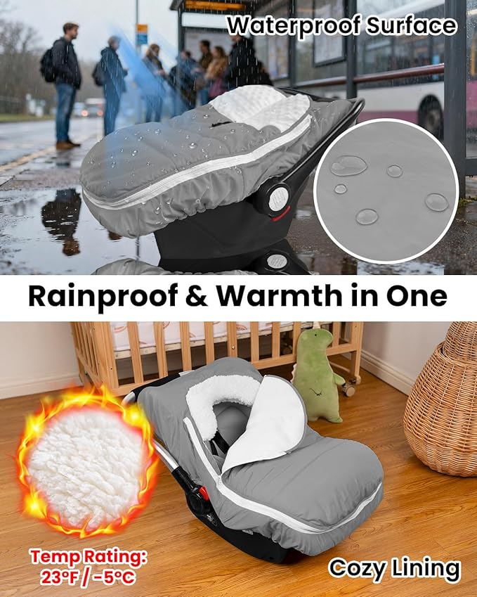 TinyPalsa Winter Baby Carseat Cover, Warm Cozy Infant Car Seat Covers with Plush Lining for Cold Weather, Waterproof Carseat Canopy with Adjustable Collar, Universal Fit for Boys & Girls (Grey)