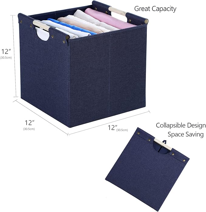 HOONEX Collapsible Storage Bins, 12x12x12in Storage Cubes Linen Fabric, 3 Pack, Storage Baskets with Wooden Carry Handles and Sturdy Heavy Cardboard, for Home, Office, Car, Nursery, Blue