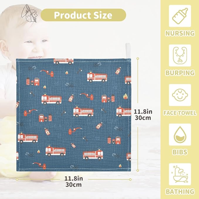 vvfelixl Firefighters Pattern Baby Burp Cloths, Baby Muslin Washcloths for Boys Girls, Cotton Baby Face Towel for Newborn Infants Soft and Absorbent 11.8 X 11.8 in, 5 Pack Blue