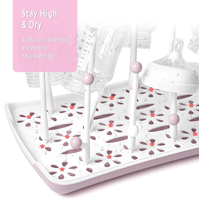 Termichy Baby Bottle Drying Rack, Large Capacity Baby Bottle Rack for Bottles, Dry Rack with Removable Water Tray(Pink)