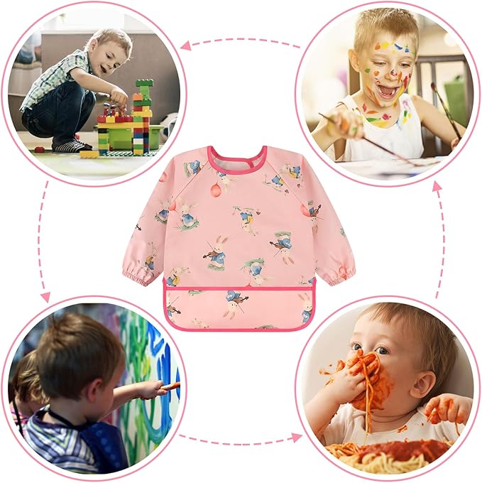 Accmor 4 Pack Long Sleeve Bibs, Baby Smock Waterproof Sleeved Bib Smock for Baby Toddler 6-36 Months