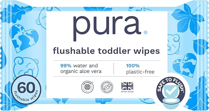 Pura Flushable Toddler Wipes 1 x 60 Wipes, 100% Plastic Free, 99% Water, Hypoallergenic & Fragrance Free, Totally Chlorine Free, Kids Toilet Wipes, Sensitive Skin