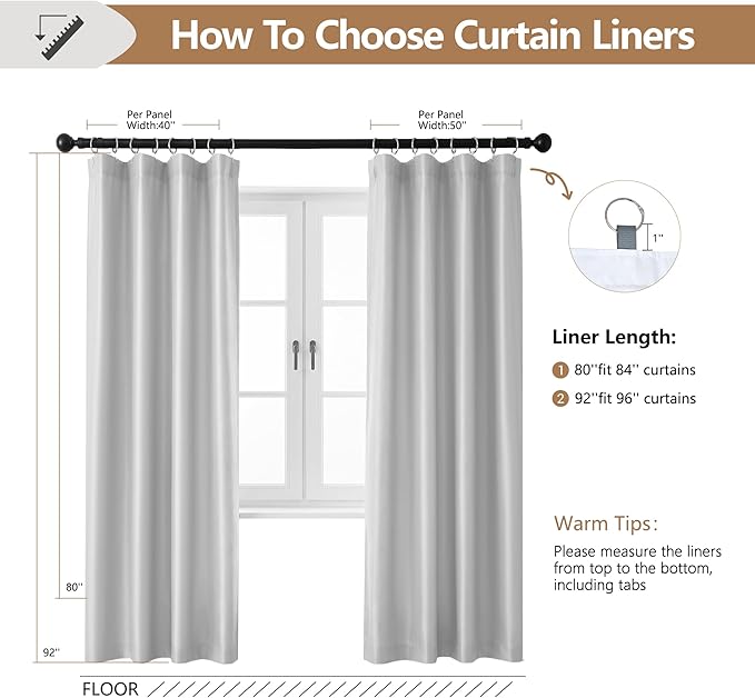 YC WINRRARII 100% Blackout Curtain Liners Additional Parts for Blackout with 18 Rings White/Black 2 Panels Set Easy Install for Bedroom Livingroom Total Thermal Curtains for Insulated 50" W x 80" L
