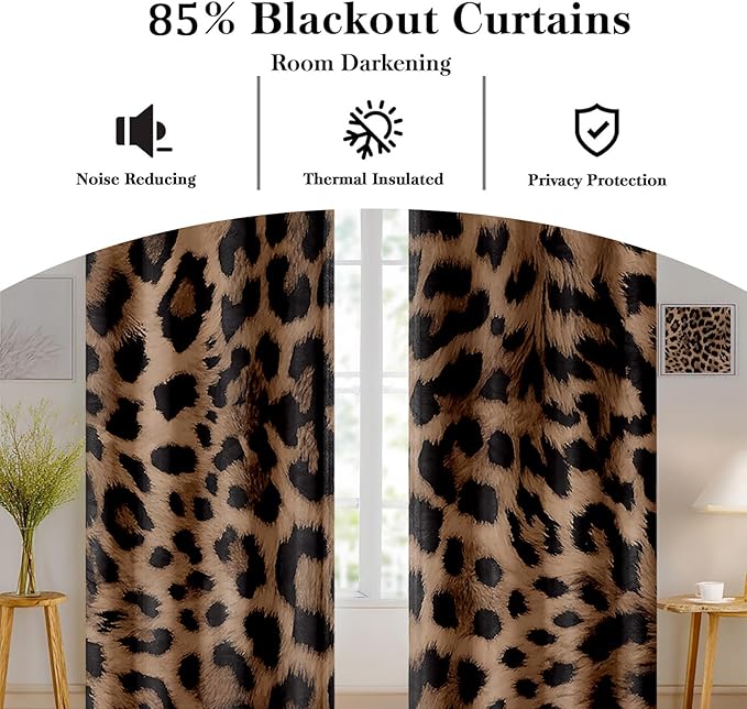 Sexy Leopard Print Blackout Curtains, Wild Animal Cheetah Print Brown Black Fur Window Drapes, Living Room Bedroom Decor 2 Panels 52x96 Inch