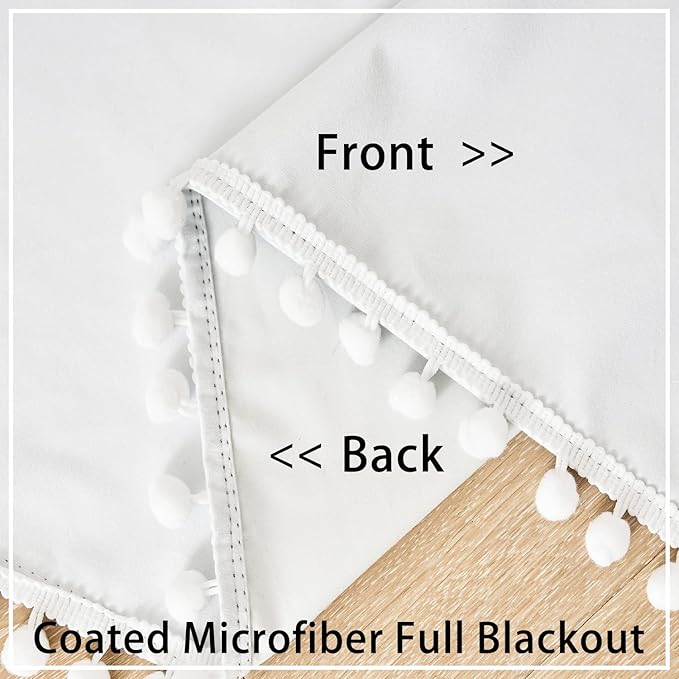 Treatmentex White Blackout Curtains for Living Room Bedroom 84inch Long Pom Pom Curtain Panels for Windows Thermal Insulated Curtains for Kids Nursery Room Rod Pocket 52" W x 2pcs