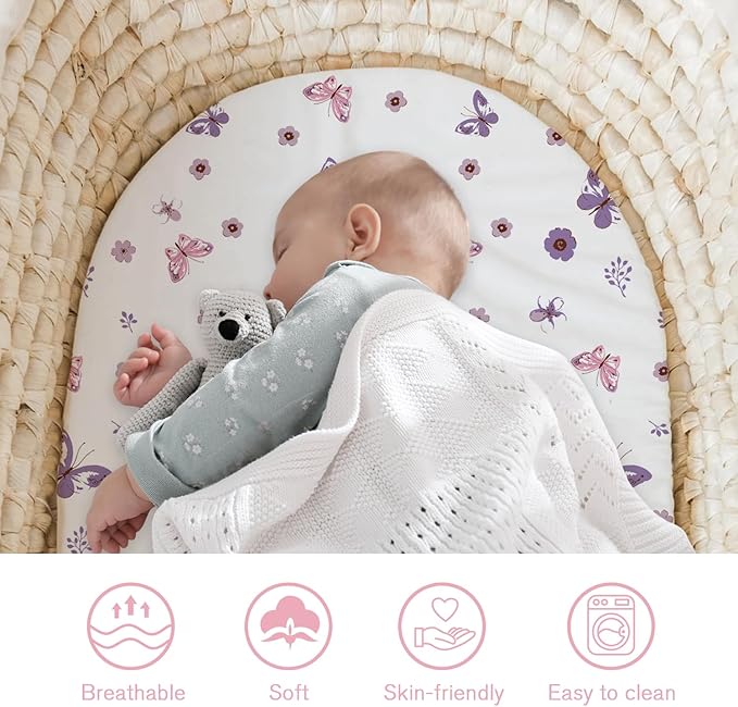 Little Grape Land Bassinet Sheets 3 Pack, 33" x 18" Fitted Bassinet Sheets Up to 4" Deep Pocket, Ultra Soft Baby Bassinet Fitted Sheets for Bassinet Mattress, Butterfly Bloom