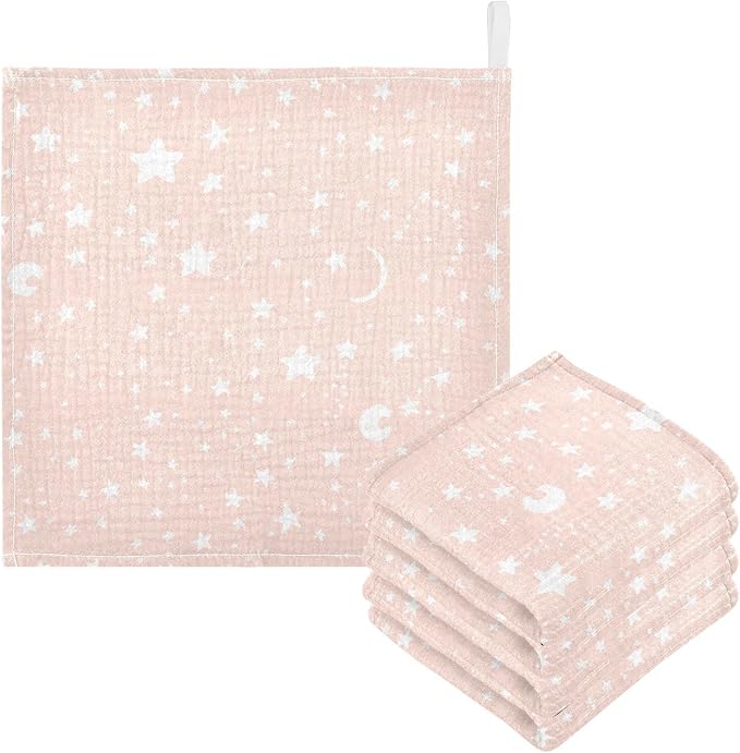 vvfelixl Baby Muslin Washcloths, Moon Star Baby Burp Cloths, Cotton Baby Face Towel for Newborn Infants Boys Girls Soft and Absorbent 11.8 X 11.8 in, 3 Pack Pink