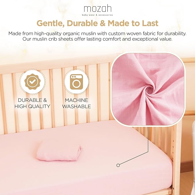 MOZAH Organic Muslin Crib Sheets, Soft and Breathable Bedding for Baby Girls or Boys, Snug Fitted Sheet for Standard Cribs & Toddler Mattresses, 2 Pack, Pink