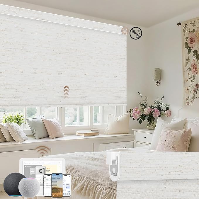 Kincmo No Drill Motorized Blinds with Remote, 100% Blackout Roller Shades for Windows, Custom Electric Blinds Compatible with Alexa, Apple Homekit, Google Home (100% Blackout Linen White)