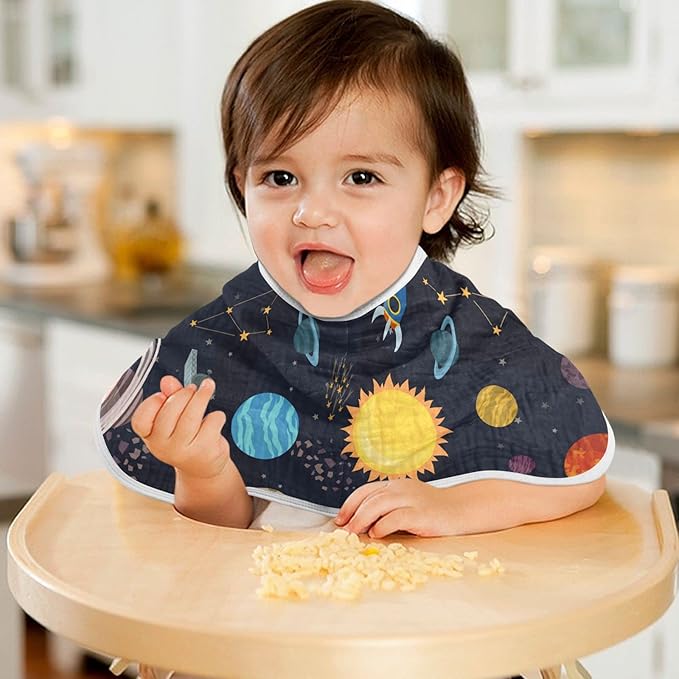 Kigai Carton Space Spaceships Muslin Baby Burp Cloths, Large Absorbent Cotton Muslin Burp Cloths Set of 1, Washcloths, Face Towel, Bibs for Newborn Boys Girls, 11 x22 Inch