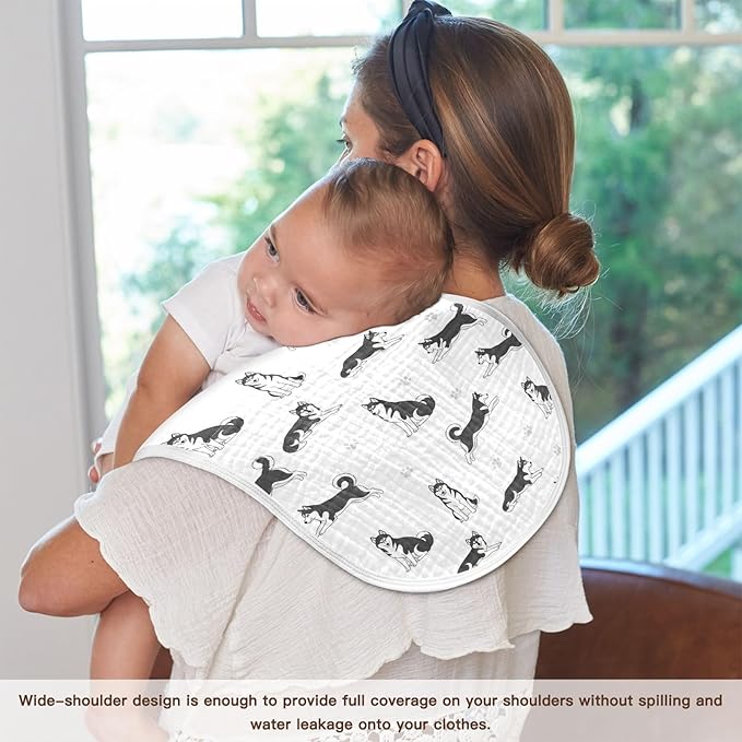 Qinllo 2 Pack Muslin Burp Cloths Husky Dogs White Cotton Baby Burp Cloths Extra Absorbent and Soft Thick Burping Cloth for Newborn Babies Boys Girls 22x11 Inch