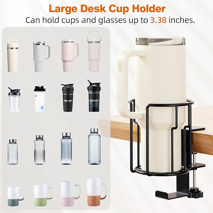 Large Desk Cup Holder, 2-in-1 Clip On Cup Holder with Headphone Hook, Heavy-Duty Metal Drink Holder for Insulated Tumblers, Big Water Bottles, Fits Office Desk Organizer, Dorm, Gaming Setup (2 Pack)