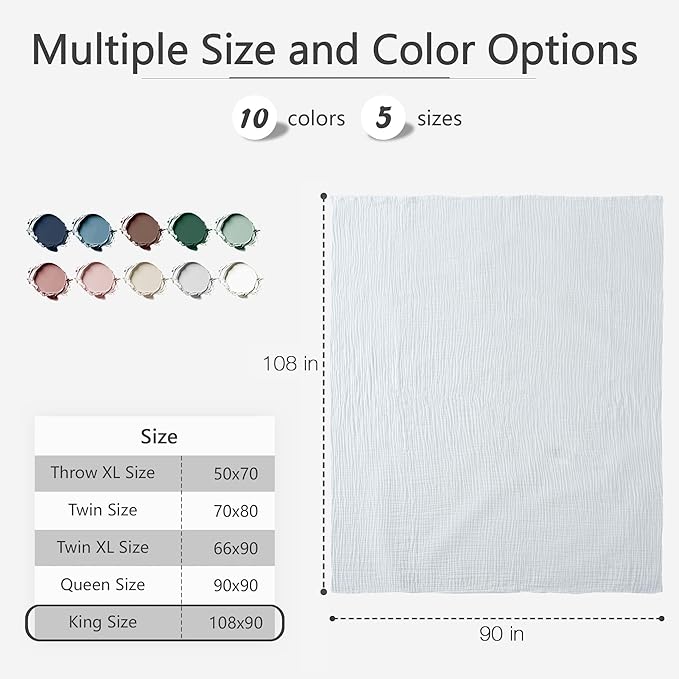 Carriediosa 100% Cotton Muslin Throw Blanket 108" X 90" King Size，4-Layers Summer Gauze Throws for Bed Couch，Soft Lightweight Breathable Linen Blankets Bedspread for Adults All Season，White