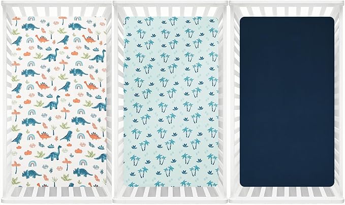 david's kids 3 Pack Fitted Crib Sheets, Ultra Soft Breathable Comfortable Baby Sheet Set for Boys Girls Neutral, 28x52 Inch Fits Standard Crib and Toddler Mattresses, Dinosaur Blue