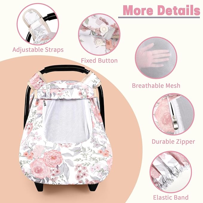 Car Seat Cover Baby, HNHUAMING Infant Car Seat Covers Canopy for Baby Girl Boy, Cozy & Windproof Newborn Carseat Covers Mink Dot Backing Stroller Cover with Breathable Mesh Window, Pink Floral