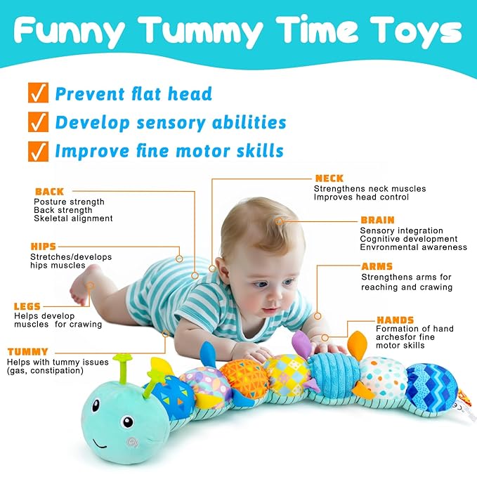 Baby Tummy Time Toys 0-6 Month Musical Stuffed Animal Plush Caterpillar Toy for Infant 6-12 Month Teething Sensory Toy with Crinkle Rattle for Babies 0-3-6 Month Newborn Boy Girl