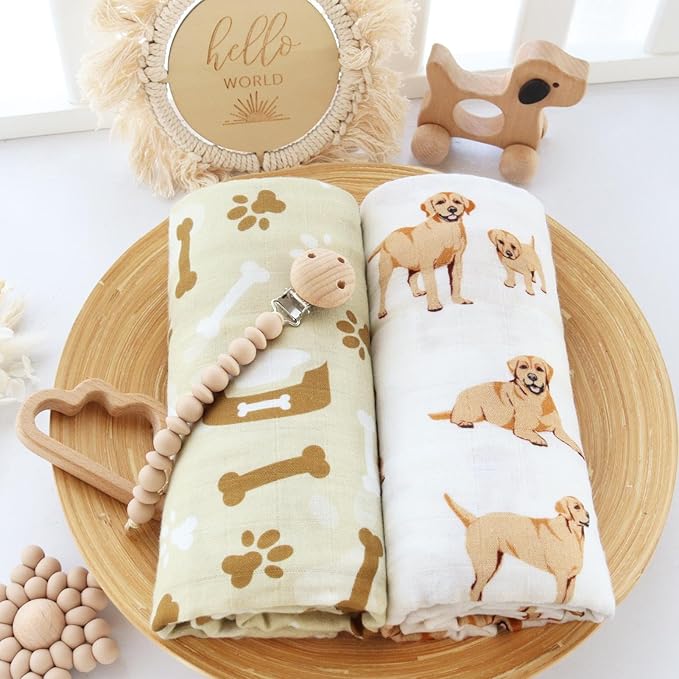 LifeTree Baby Swaddle Blankets, Boys Girls Muslin Swaddling Wrap Receiving Blanket for Newborn, 70% Viscose Bamboo and 30% Cotton, Large 47" x 47", Labrador and Bone