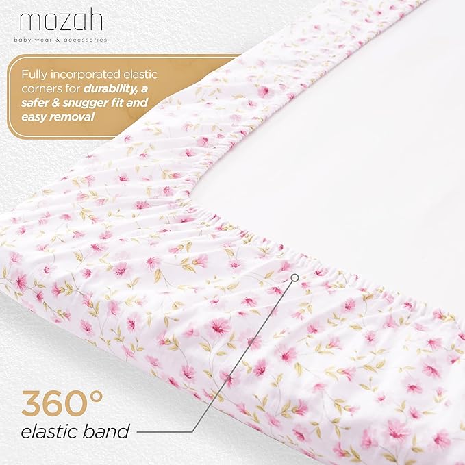 MOZAH Organic Muslin Crib Sheets, Soft and Breathable Bedding for Baby Girls or Boys, Snug Fitted Sheet for Standard Cribs & Toddler Mattresses, 2 Pack, Pink and Pink Leaves