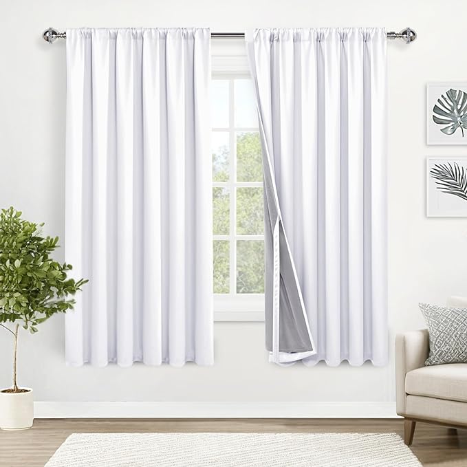 XWZO Full Blackout Curtain with Tiebacks- Rod Pocket & Back Tab Thermal Insulated Black Liner Curtains, Noise Reducing and Heat Blocking Drapes for Large Windows, White, W70 x L63, Set of 2