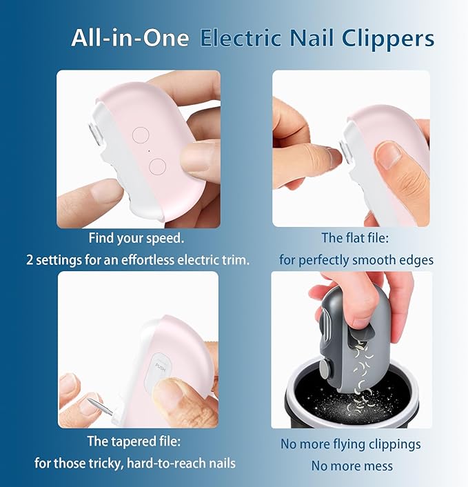 Smart Electric Nail Clipper, 3-in-1 Automatic Nail Trimmer & Polisher with 2 Speeds, LED Light, Rechargeable Nail Clippers for Seniors, Low Vision, Women, Men and Kids (Pink)