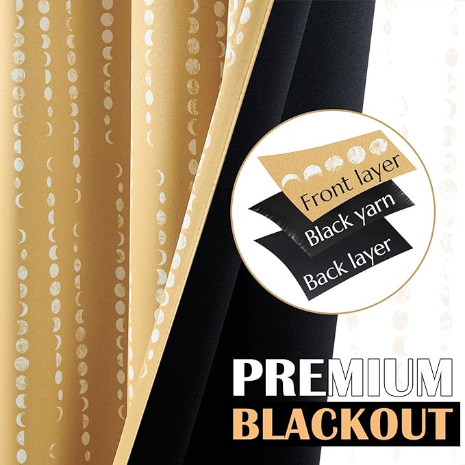 jinchan 95% Blackout Bohemian Moon Phase Print Bedroom Curtains 108 Inch Long Mustard Curtain Rod Mouth Kids Room Insulated Yellow Curtains Set 2 Panels