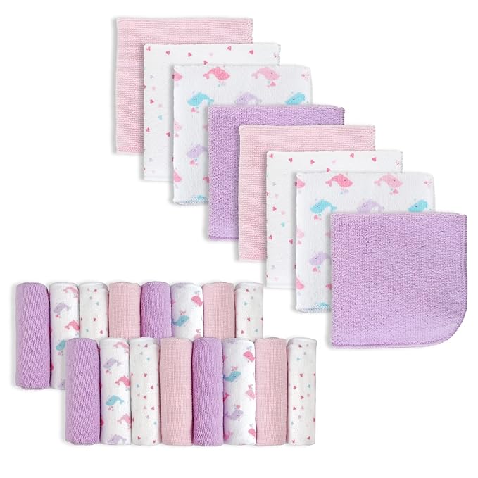softan Baby Washcloths, 24Pack Baby Wash Cloths Extra Soft & Ultra Absorbent, Baby Towels and Washcloths Face Towel Unisex for Boys Girls Body, Washclothes Gentle on Sensitive Skin, 9x9 Pink Whale