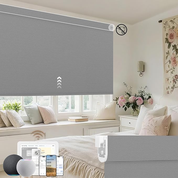 Kincmo No Drill Motorized Blinds with Remote, 100% Blackout Roller Shades for Windows, Custom Electric Blinds Compatible with Alexa, Apple Homekit, Google Home (100% Blackout Waterproof Vinyl Grey)