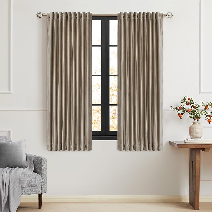 PRIMROSE Taupe Curtains 63 inch for Living Room,2 Panels Velvet Drapes Blackout Rod Pocket Back Tab Window Treatment Room Darkening Decorative Thick Curtains for Bedroom