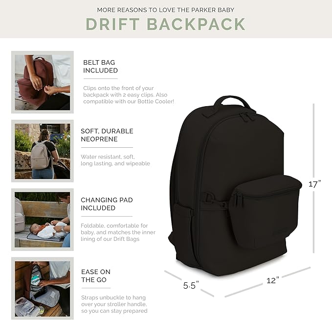 Parker Baby Drift Neoprene Backpack & Belt Bag | Roomy, Soft & Water Resistant | Travel Essentials w/Diaper Changing Pad | No-Bulk Design w/Adjustable Stroller Straps | Black