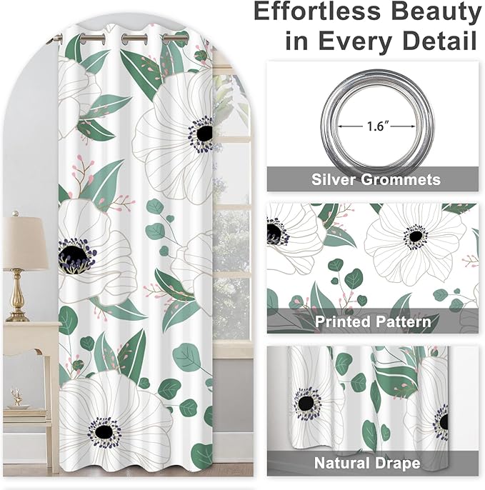 Blackout Curtains for Bedroom and Living Room, White Floral Black Out Curtains 84 Inch Length 2 Panels Set, Room Darkening Thermal Insulated Privacy Soundproof Farmhouse Patterned Grommet Drapes