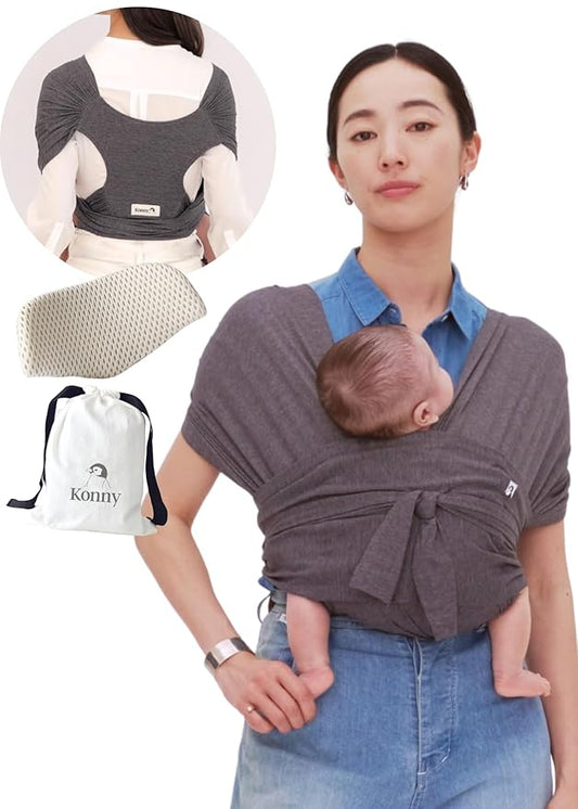Konny Baby Carrier Flex SoftBreeze with Head Support - Adjustable, Easy to Wear, Hands-Free Breathable Baby Wrap Sling, Perfect for Newborn Babies Essentials up to 44 lbs (XS-XL) - Charcoal