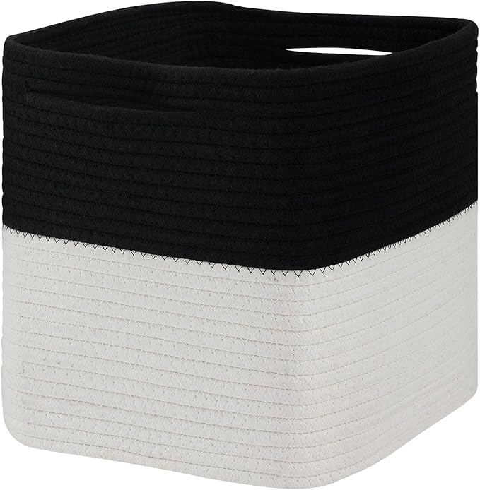 Cube Storage Bin 11" x 10.5" x 10.5" Cotton Rope Basket Square Woven Storage Basket for Shelves, Closet Organizer, Soft Towel Sock Basket, Black/White, 1 Pack
