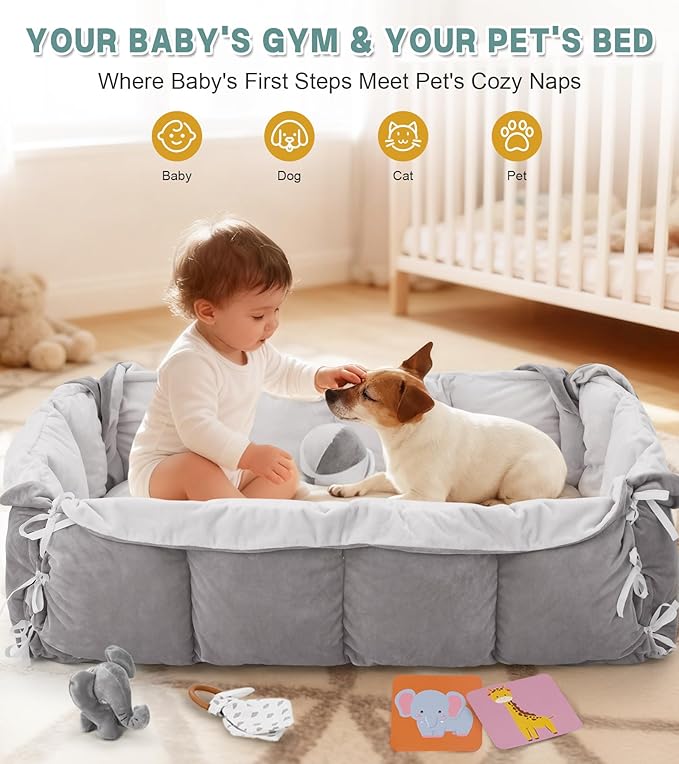 5-in-1 Baby Play Gym and Tummy Time Mat, Tummy Time Pillow & 12 Learning Cards, Plush Activity Mat with 6 Toys, Baby Gym, Convertible to Ball Pit, Baby Gift, Grey