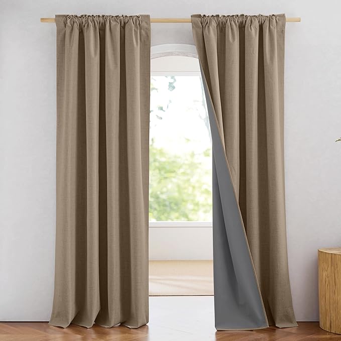 NICETOWN Linen Full Blackout Curtains 52 x 80 inch Panels, Full Bedroom Light Blocking, Thick Linen Blend Rod Pocket & Back Tab Draperies with Liners for Home Theater(Set of 2, Burlap)