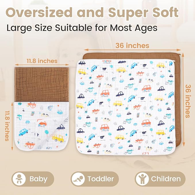 Hooded Baby Towels for Newborn, 2 Pack 36x36 Inch Muslin Cotton Baby Bath Towel and 12x12 Inch Washcloth Set with Hood for Babies, Toddler and Kids, Essentials Must Haves (White and Coffee)