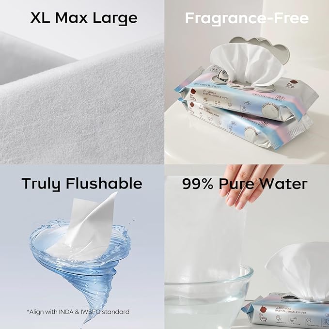 Bc Babycare Cloud Max Flushable Wipes, Hypoallergenic for Sensitive Skin, 99% Water, Plant-Based Fibers, Sewer + Septic Safe, Fragrance Free Toddler Potty Training, 336 Wipes, 8 Pack