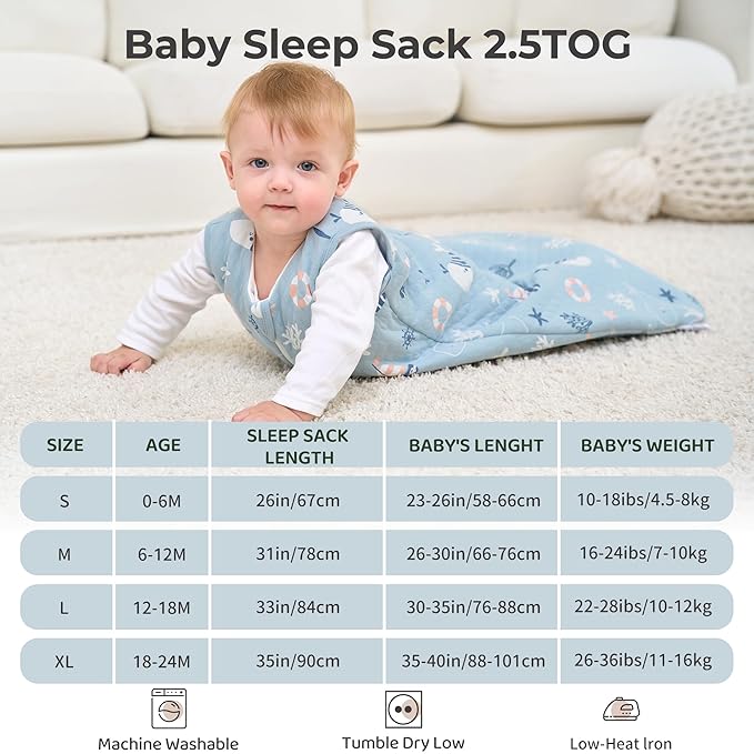 FIEMOL Baby Sleep Sack 18-24 Months 2.5 TOG, Winter Cotton Sleepsack for Toddler, Warm Quilted Baby Wearable Blanket, Baby Sleeping Bag with 2-Way Zipper Blue Sea