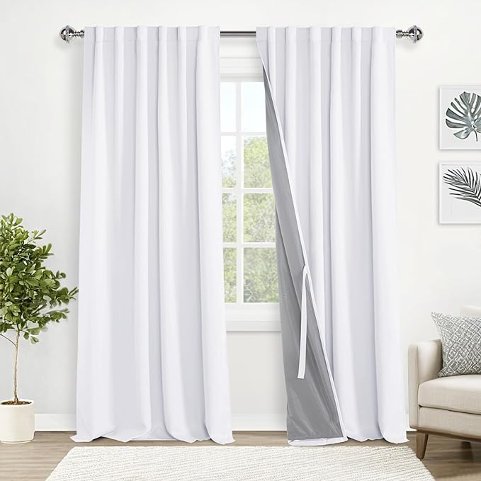 XWZO 100% Blackout Curtain Panels - Rod Pocket & Back Tab Thermal Insulated Black Liner Curtains, Noise Reducing and Heat Blocking Drapes for Hall and Studio with Tiebacks, White, W52 x L95, Set of 2