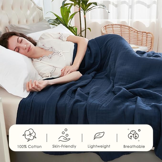 EMME Cotton Muslin King Blanket Big Oversized Bed Layering Bedspread Coverlet Breathable Gauze Soft Lightweight Blankets (Navy, 120"x94")