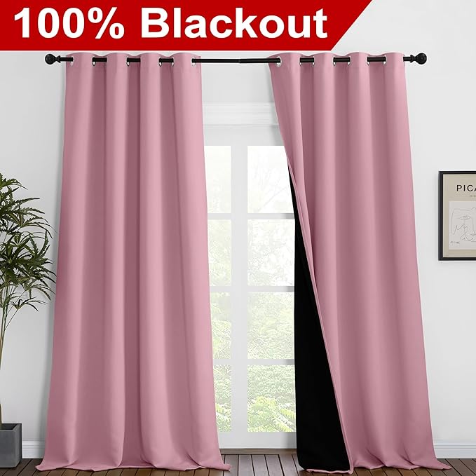 NICETOWN 100% Blackout Blinds, Set of 2, 52 inches x 102 inches, Laundry Room Decor Window Treatment Curtains for Large Patio Sliding Door, Thermal Insulated Crystal Pink Curtains for Bedroom