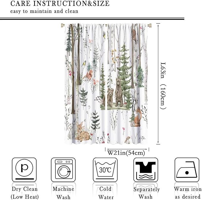 Forest Animals Kids Curtains, Wild Rustic Bear Fox Deer Children Cartoon Window Treatments for Living Room, Watercolor Blackout Drapes 2 Panel Sets,42x63 Inch
