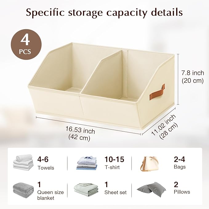 Closet Organizers and Storage Bins - 4 Pack Collapsible Divided Trapezoidal Cube Storage Bins Baskets with Orange Handle for Organizing Clothes Blankets, Toys, Books, Towels(Beige)